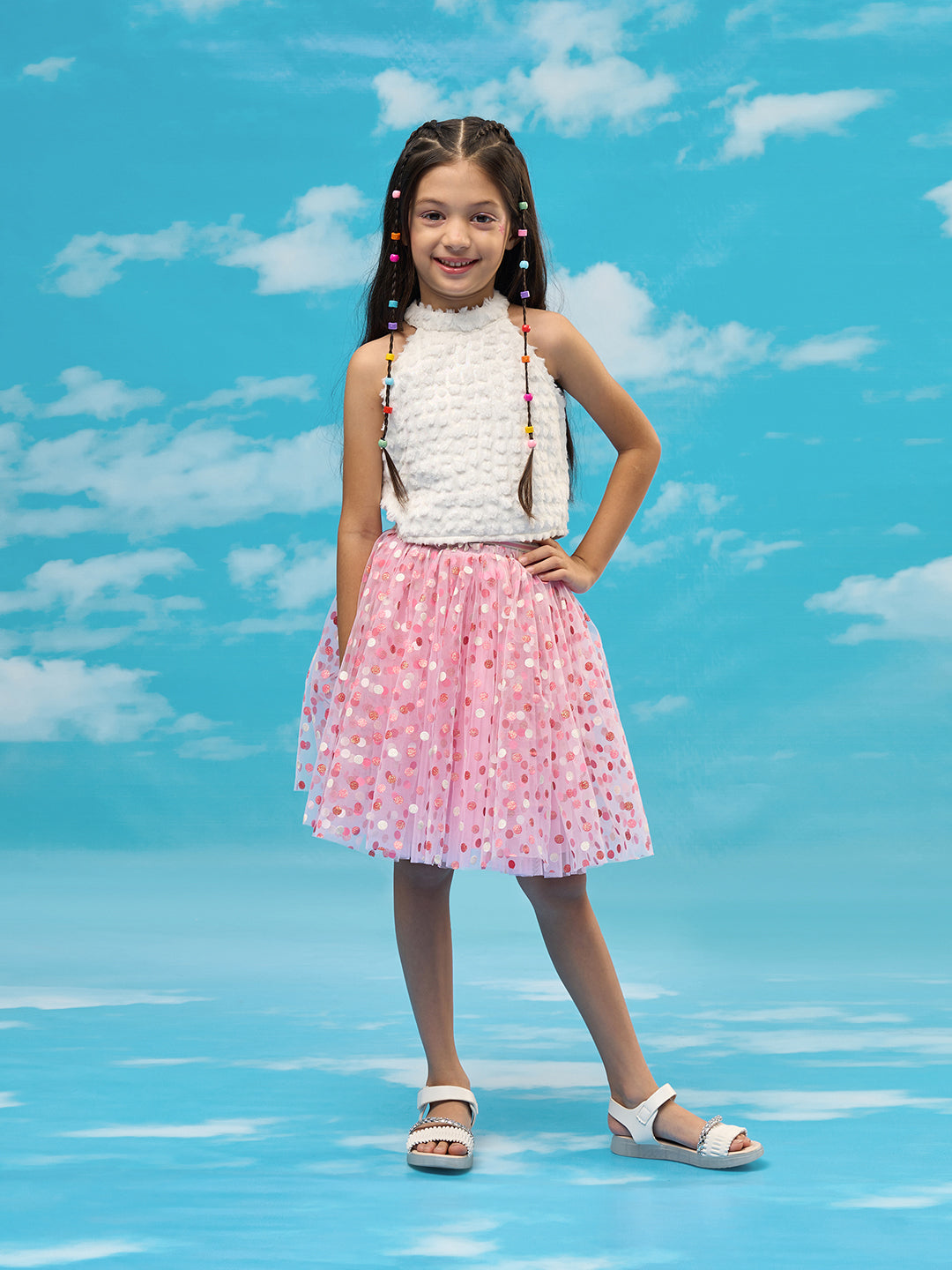 Rainbow Girls White Stylish Top with Pink Skirt Party Co-ordinate Set