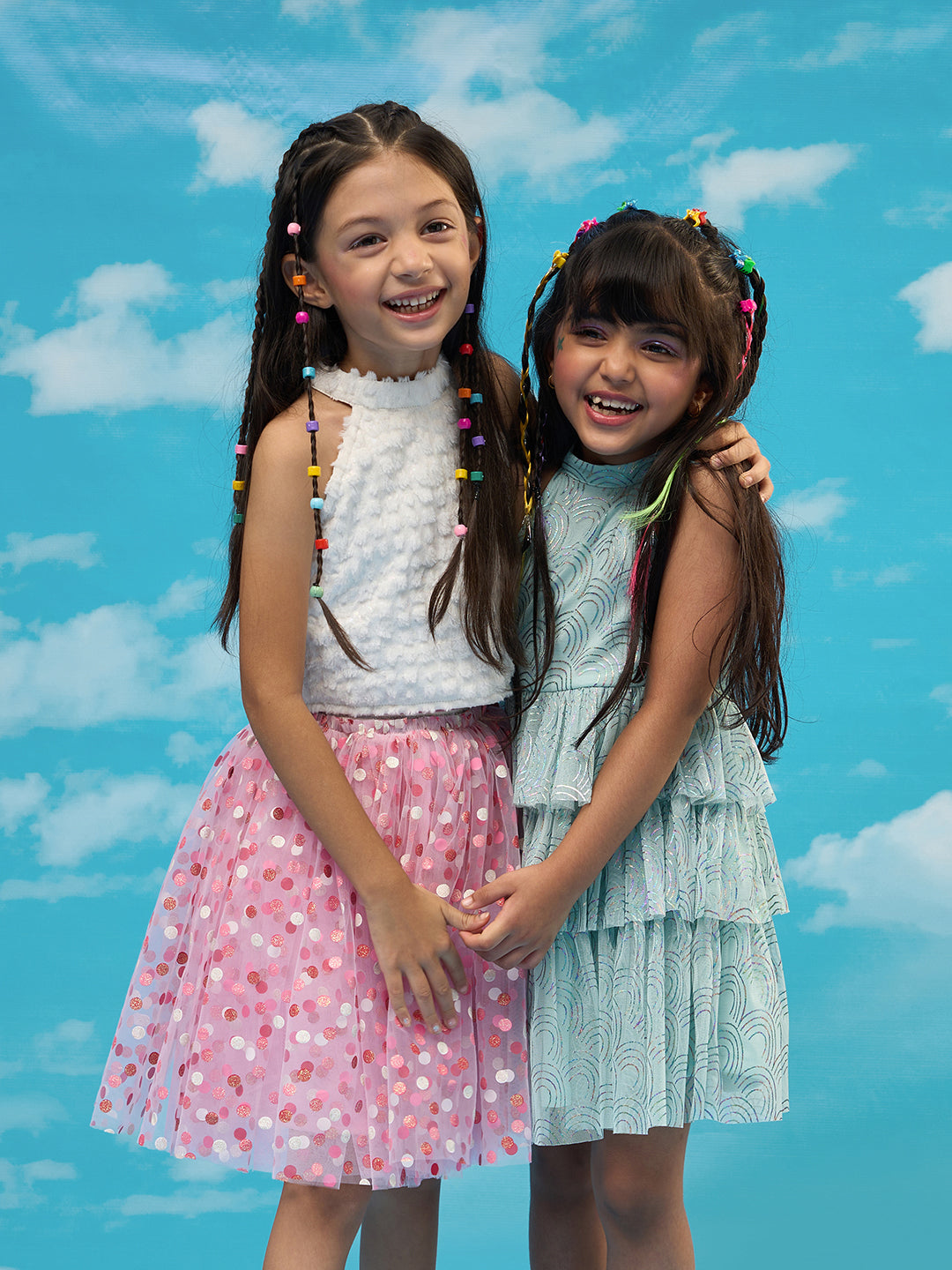 Rainbow Girls White Stylish Top with Pink Skirt Party Co-ordinate Set