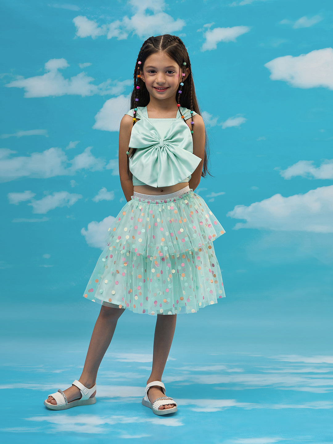 Rainbow Girls Green Stylish Top with Skirt Party Co-ordinate Set