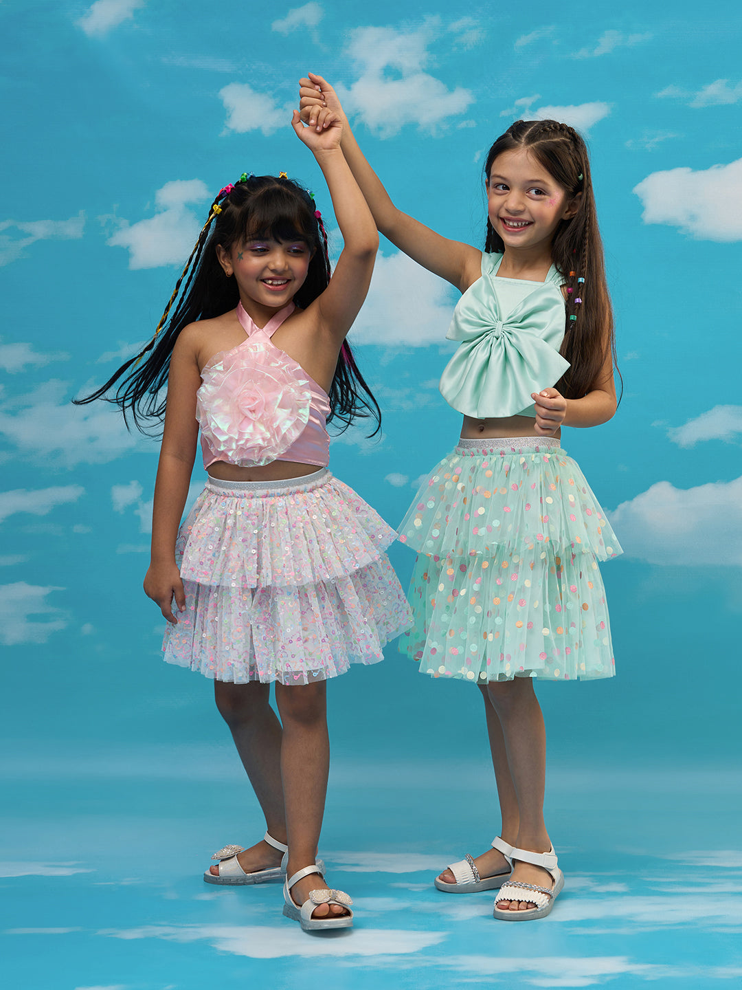 Rainbow Girls Green Stylish Top with Skirt Party Co-ordinate Set