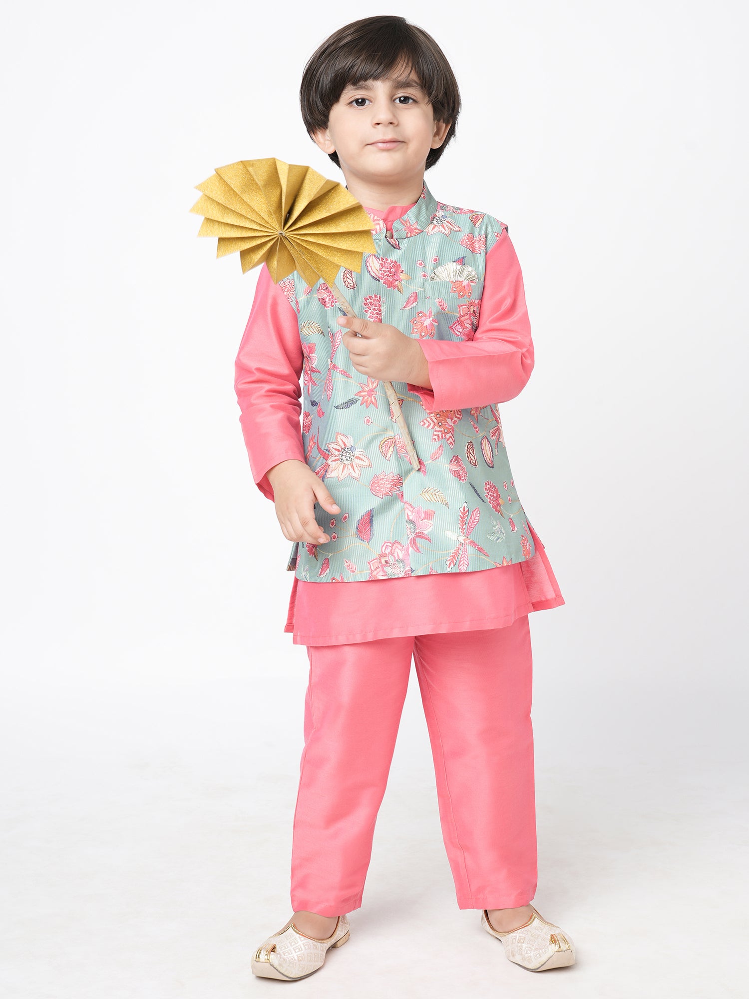 Golden Weaves Pink Kurta with Pant and Jacket set