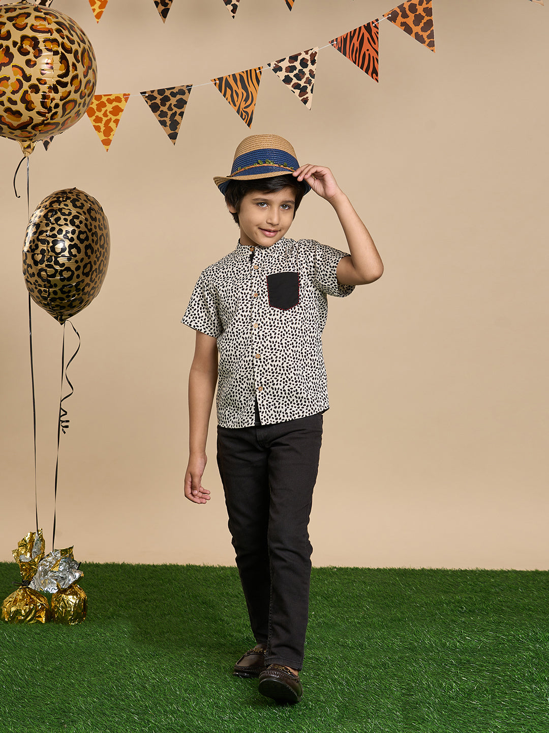 Roar at the Door Boys Brown Printed Shirt