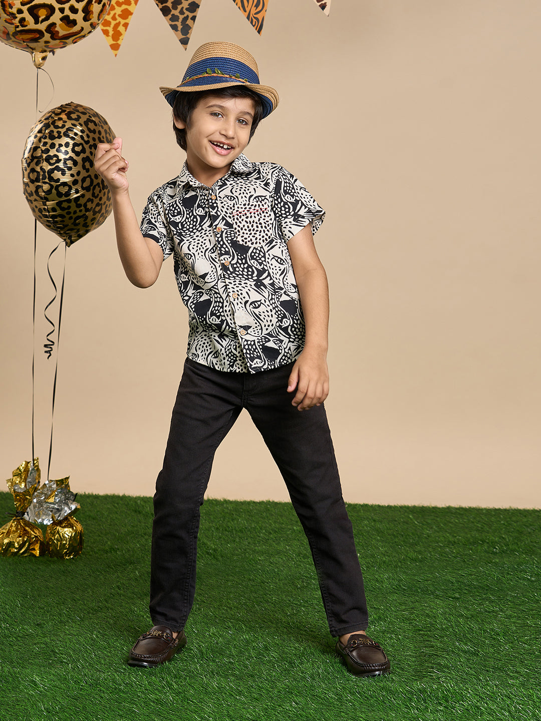 Roar at the Door Boys Brown and Black Printed Shirt