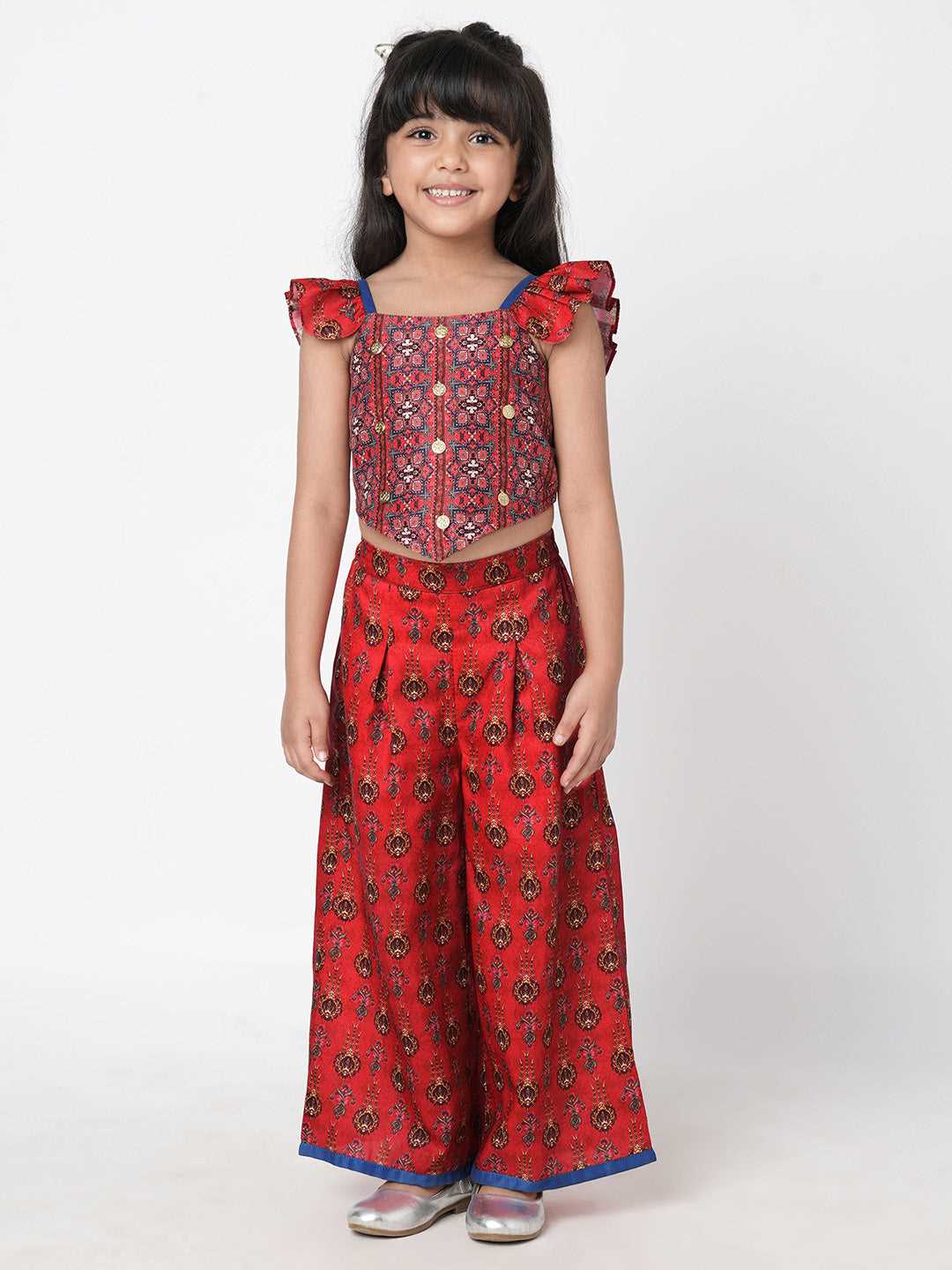 Ethnic Twist Girls Red Print Box Pleat Pant with Top Girls Co-ordinate set