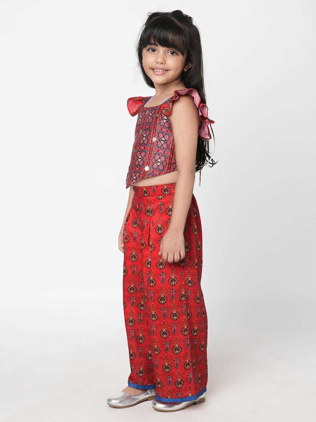 Ethnic Twist Girls Red Print Box Pleat Pant with Top Girls Co-ordinate set