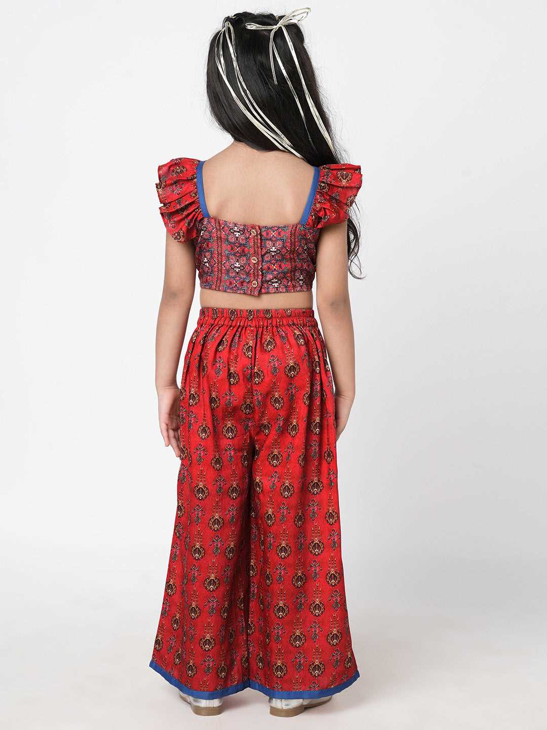 Ethnic Twist Girls Red Print Box Pleat Pant with Top Girls Co-ordinate set