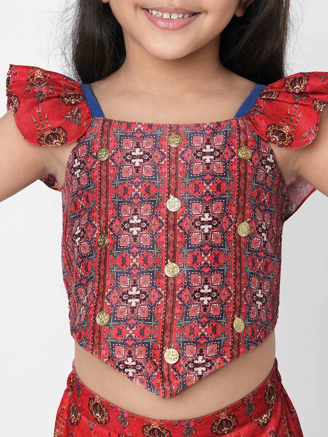 Ethnic Twist Girls Red Print Box Pleat Pant with Top Girls Co-ordinate set
