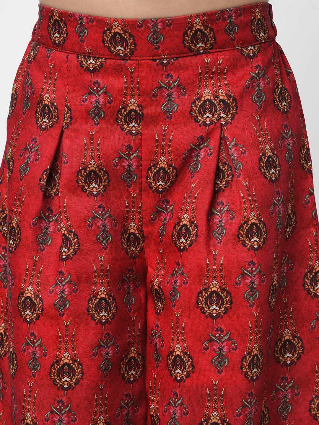 Ethnic Twist Girls Red Print Box Pleat Pant with Top Girls Co-ordinate set