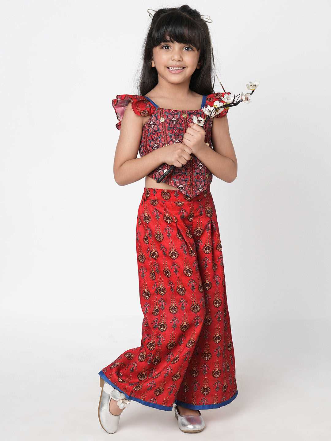 Ethnic Twist Girls Red Print Box Pleat Pant with Top Girls Co-ordinate set