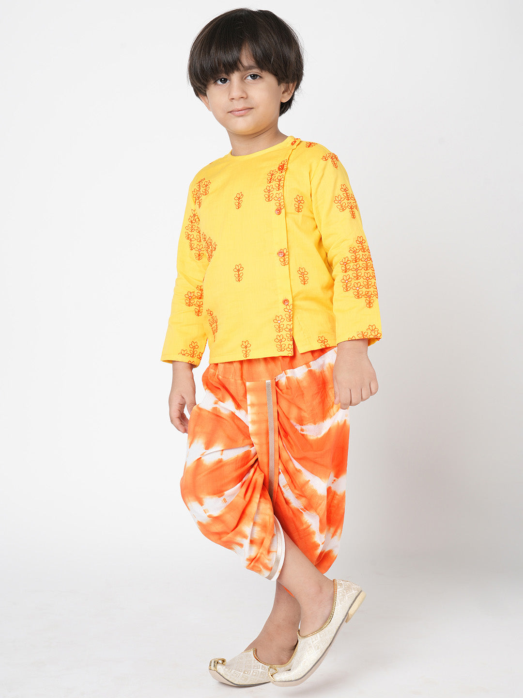 Marigold Magic Boys Yellow Embroidered Kurta with Dhoti set