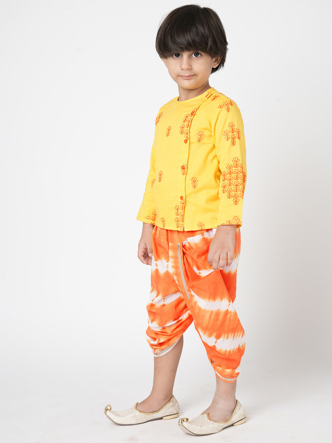Marigold Magic Boys Yellow Embroidered Kurta with Dhoti set