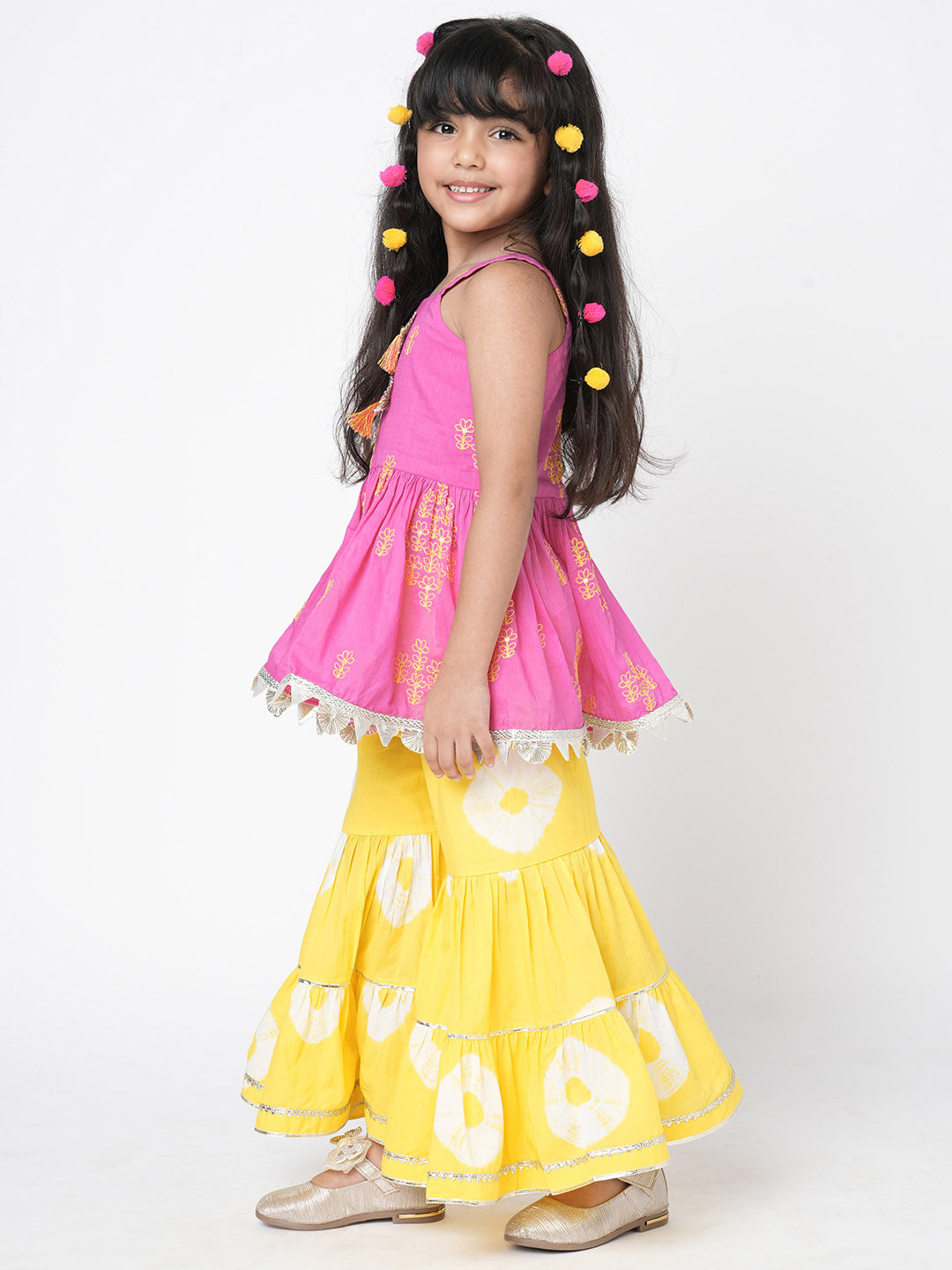 Marigold Magic Girls Pink Embroidered Kurta with Sharara set
