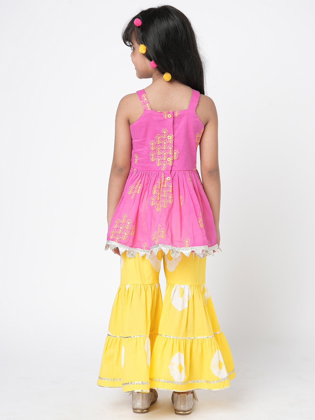 Marigold Magic Girls Pink Embroidered Kurta with Sharara set