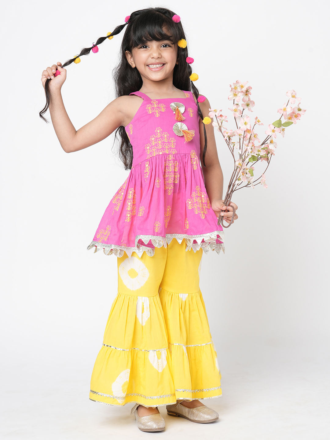 Marigold Magic Girls Pink Embroidered Kurta with Sharara set