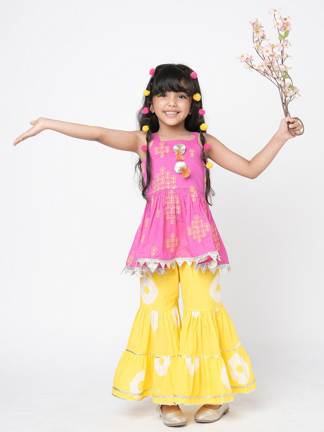 Marigold Magic Girls Pink Embroidered Kurta with Sharara set