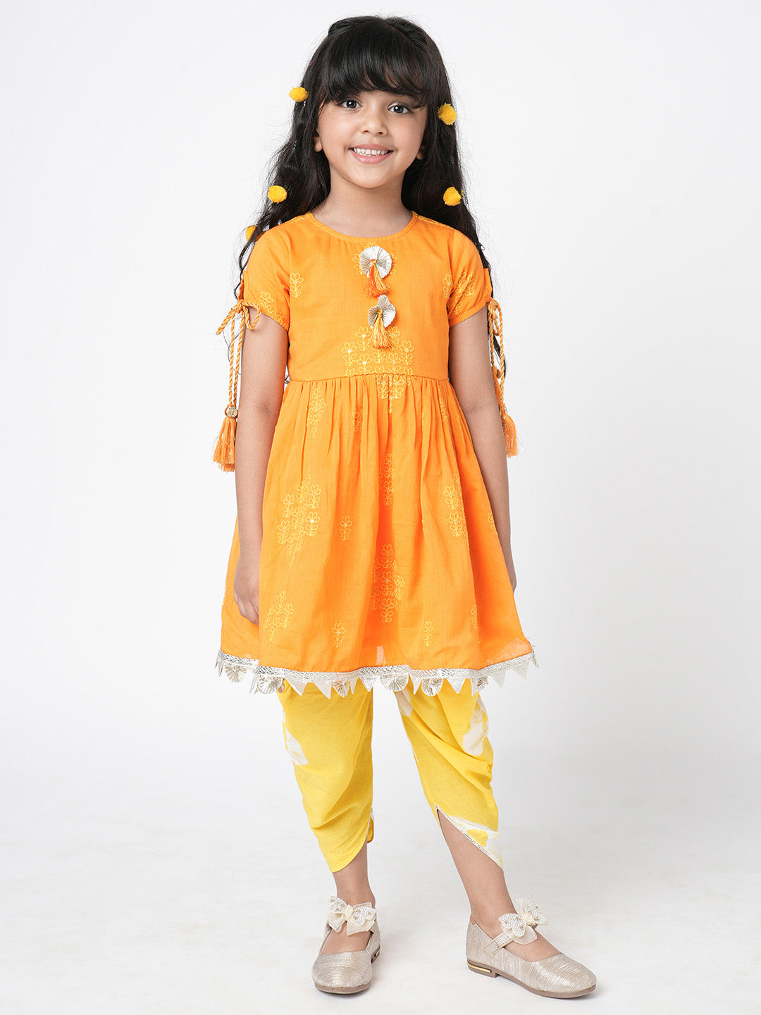 Marigold Magic Girls Orange Embroidered Kurta with Dhoti set