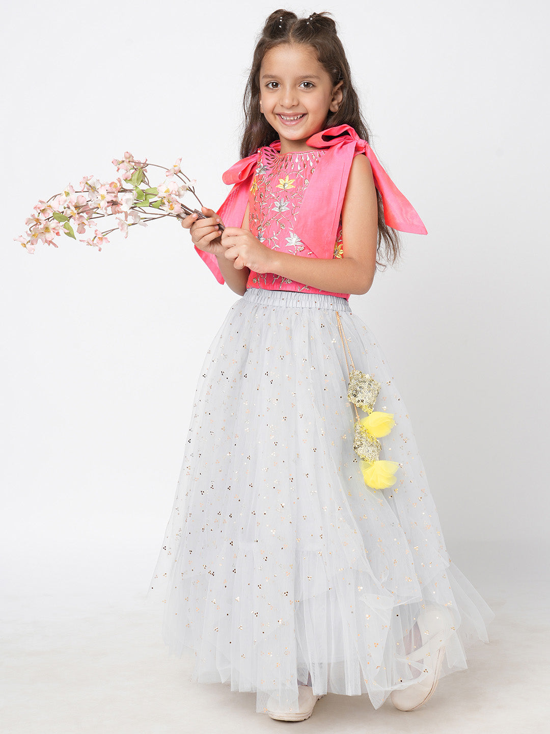 Girls ethnic Embroidered choli with layered mukesh print organza ghaghra set