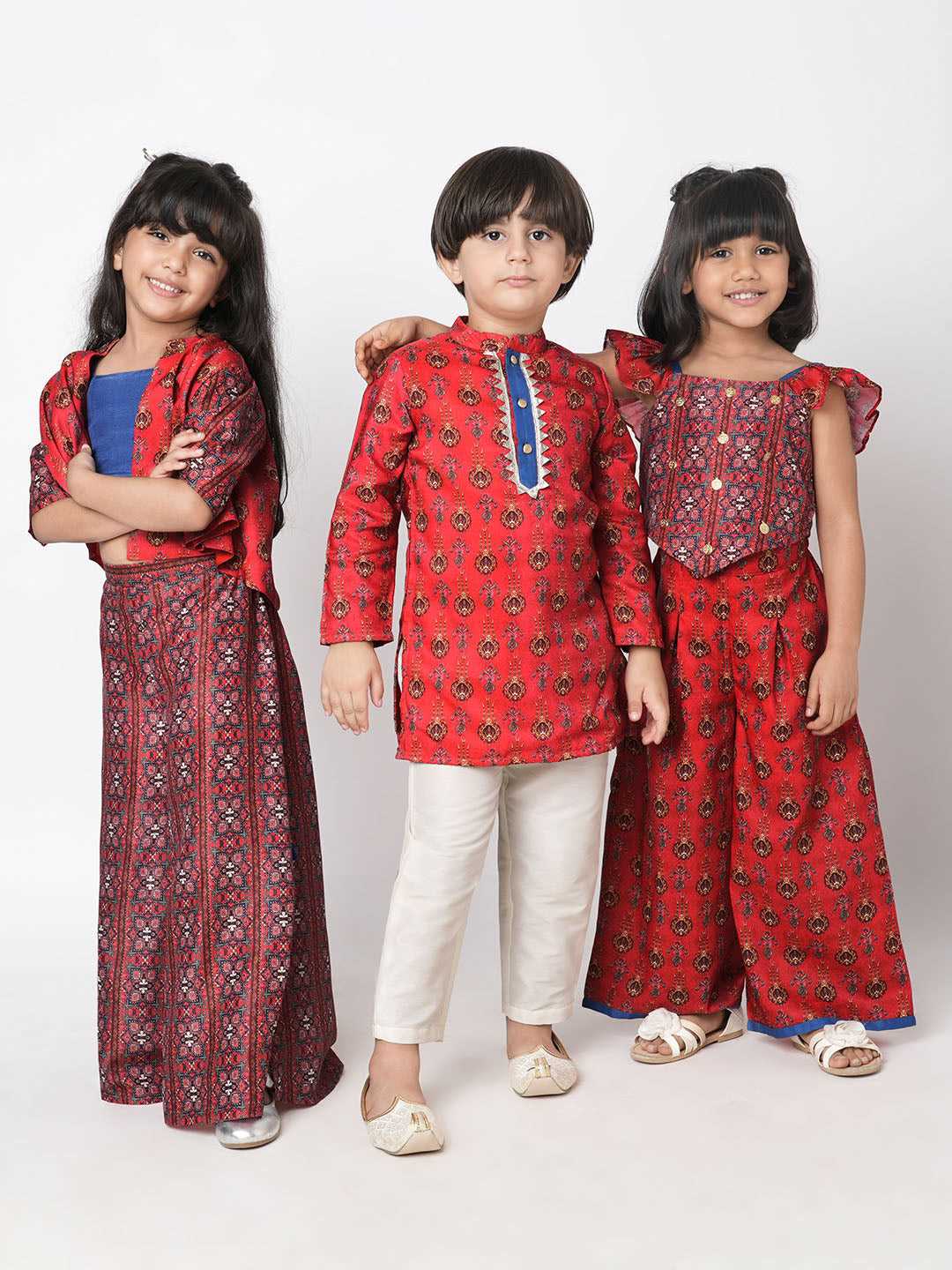 Ethnic Twist Girls Red Print Box Pleat Pant with Top Girls Co-ordinate set