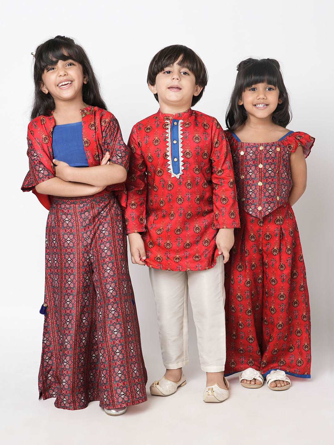 Ethnic Twist Girls Red Print Flared Palazzo with Top and Jacket Girls Co-ordinate set