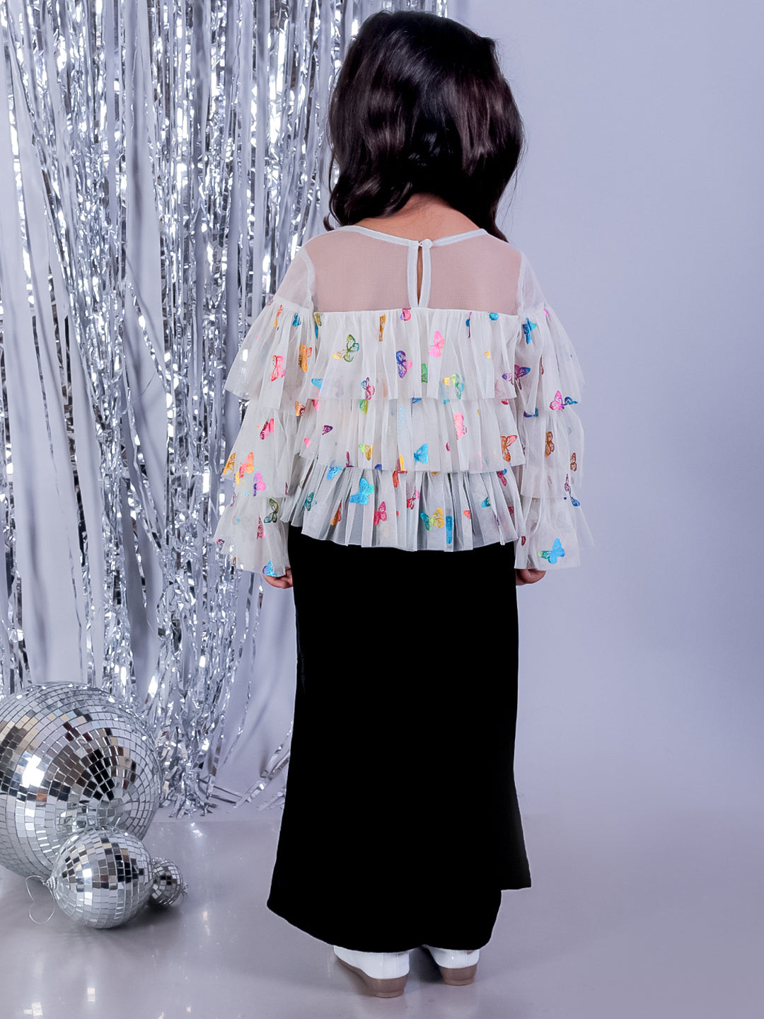 Glam Up Girls Shimmer White Butterfly Print Party Top