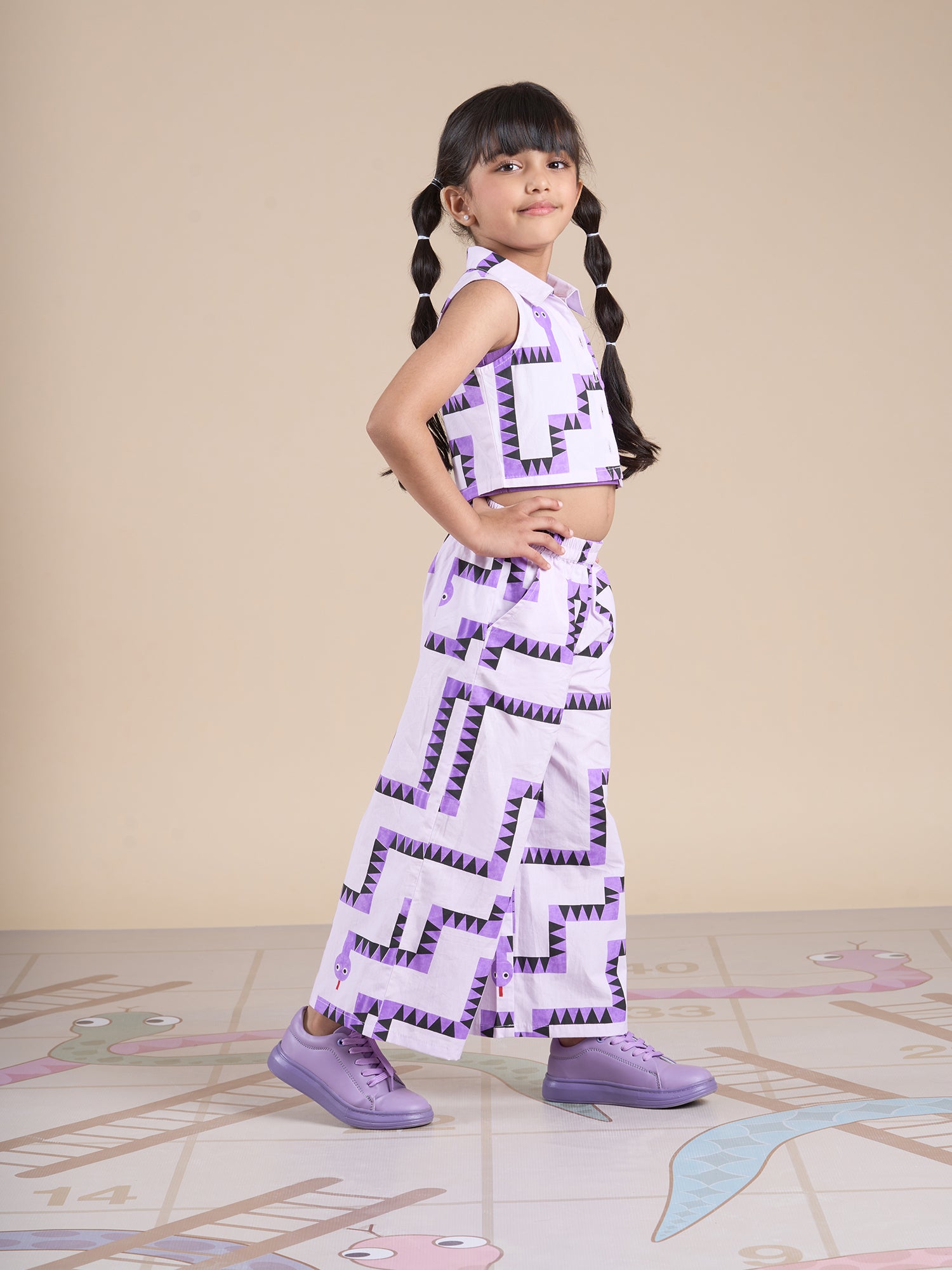 Board game inspired Girls Purple Table Print Top-Bustier and Pant Set