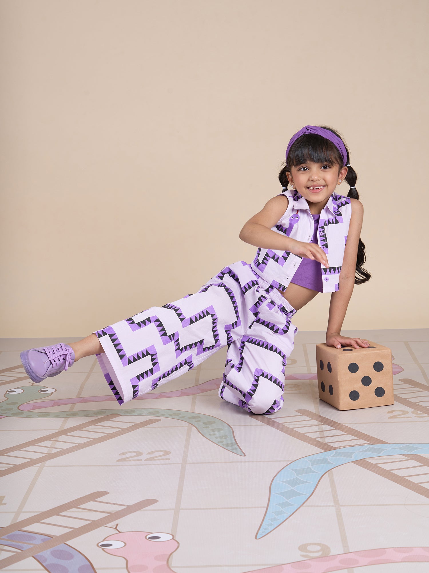 Board game inspired Girls Purple Table Print Top-Bustier and Pant Set