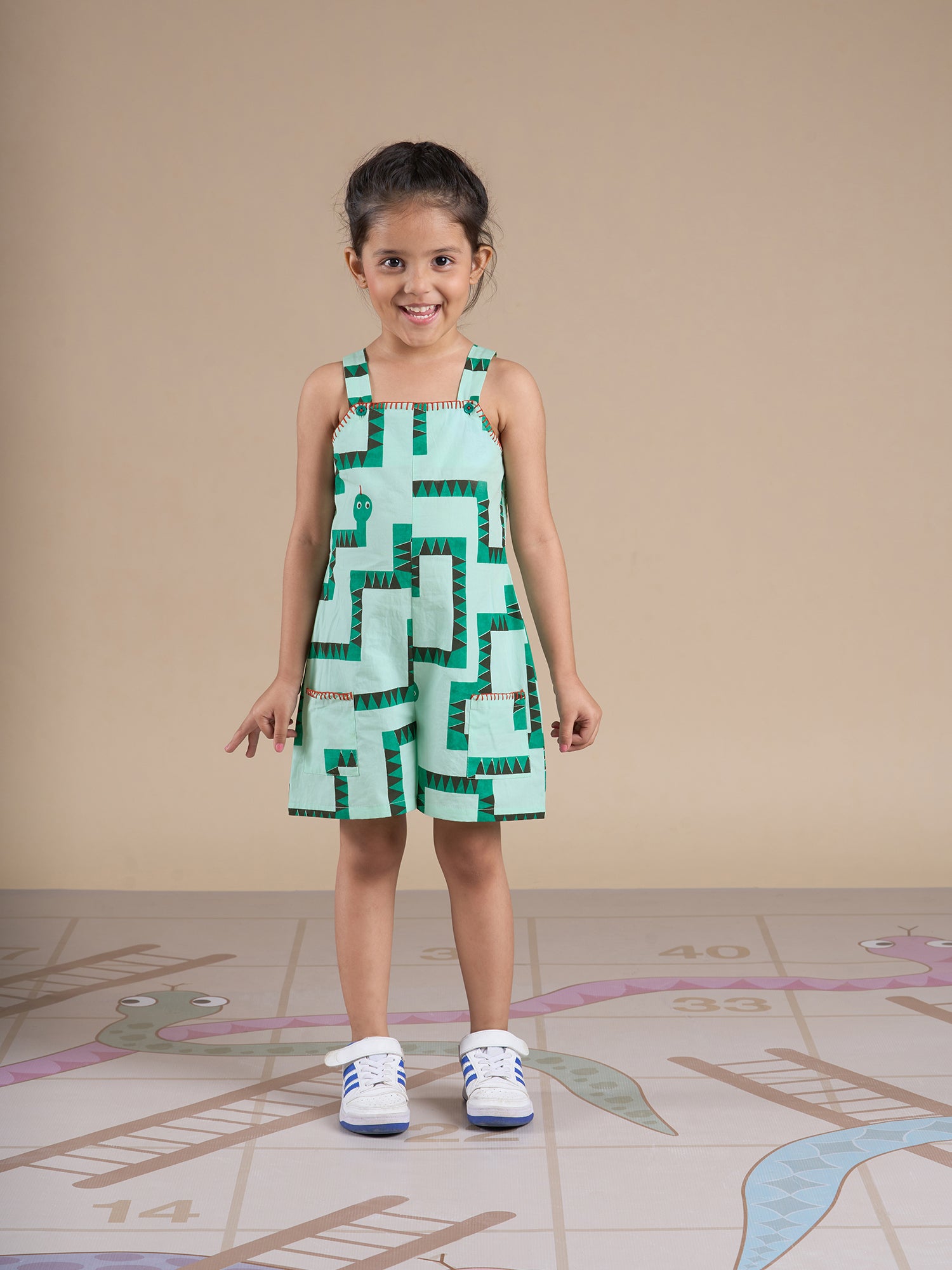 Board game inspired Girls Green Table Print Jumpsuit