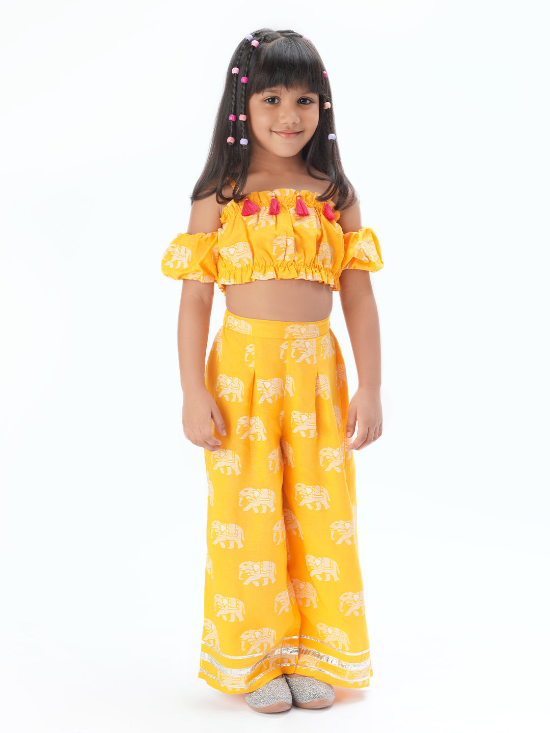 Trunk Tales Girls Yellow Crop Top with Pants Girls Co-ordinate set