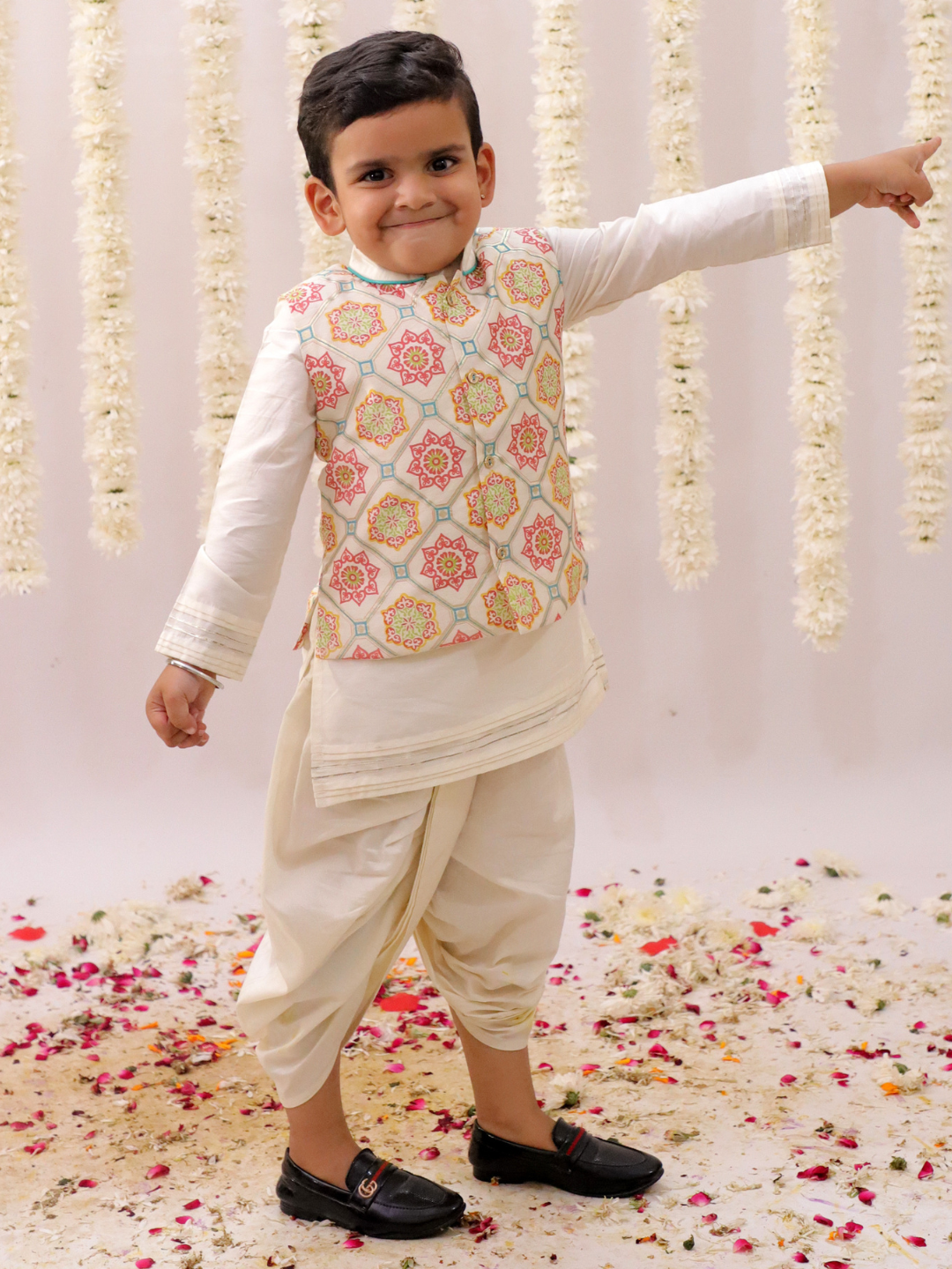 Mishti White Kurta Dhoti and Jacket For Boys