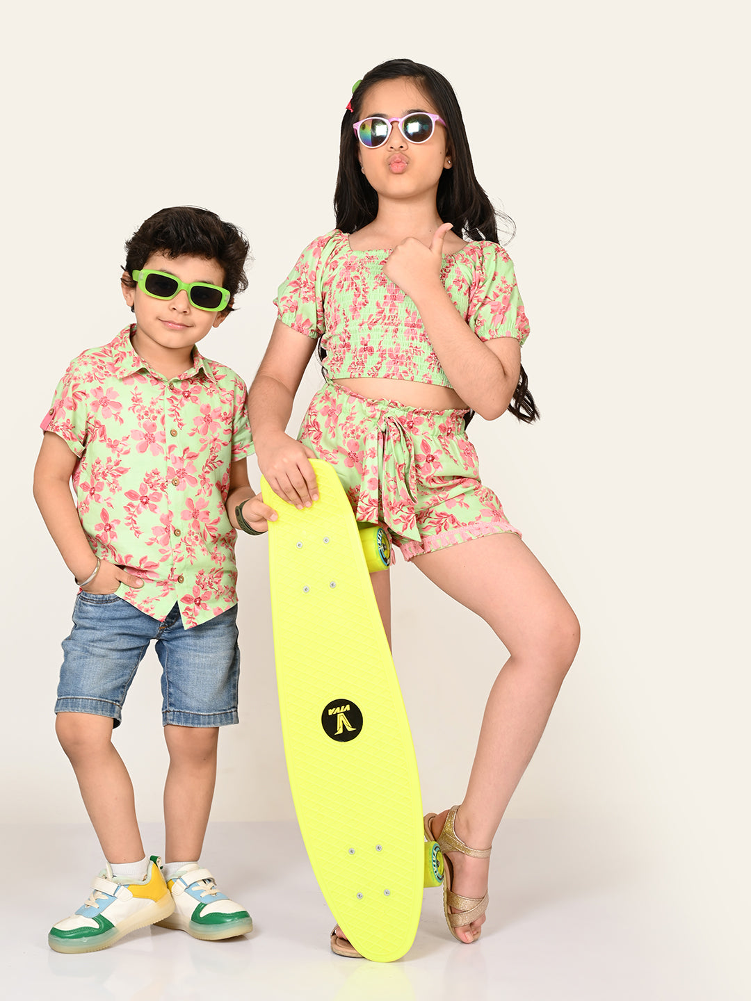 Sassy Boho Girls Green crop Top with shorts set from the sibling collection