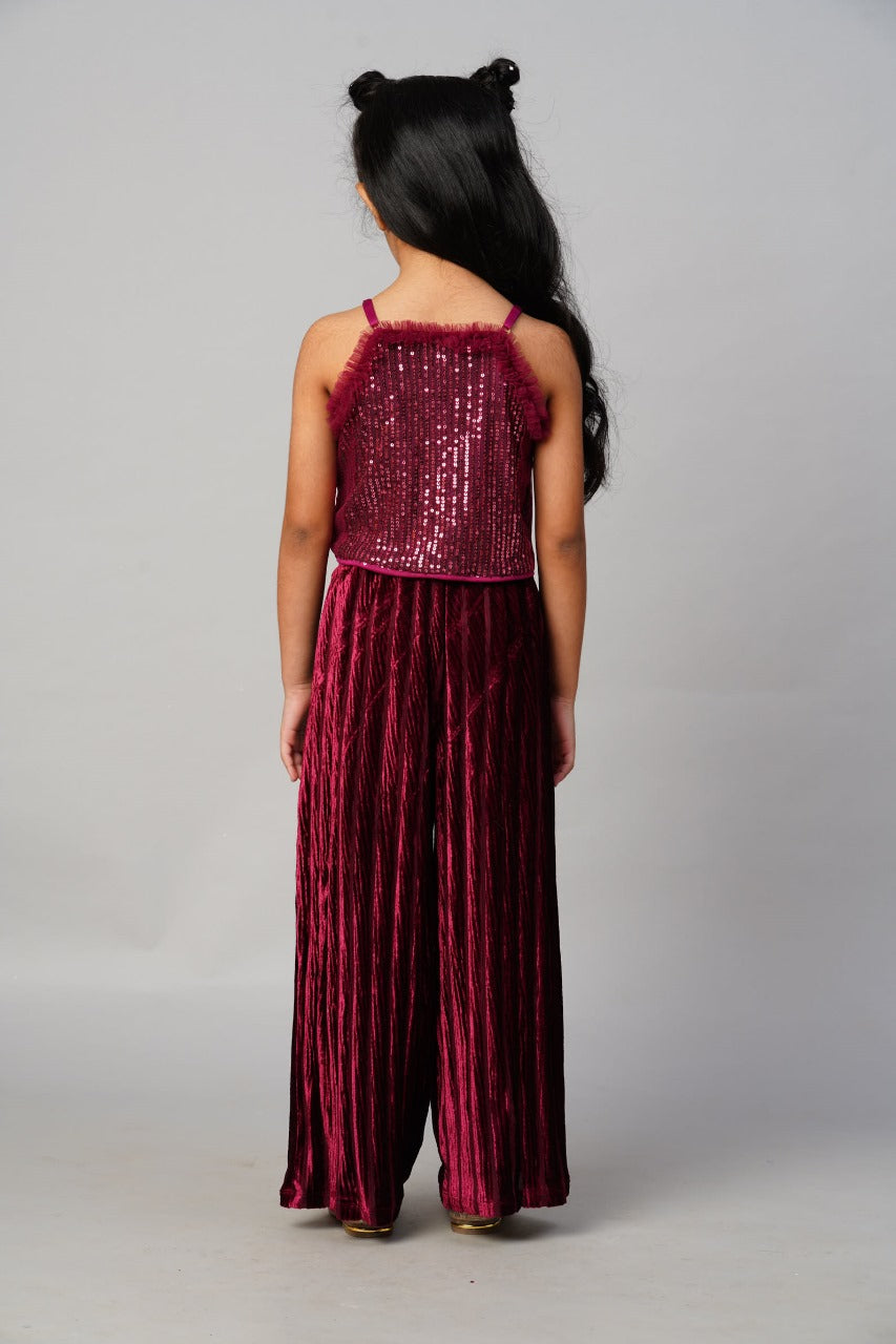 Glam up Girls Maroon Pant with sequins Top Party Girls Co-ordinate set
