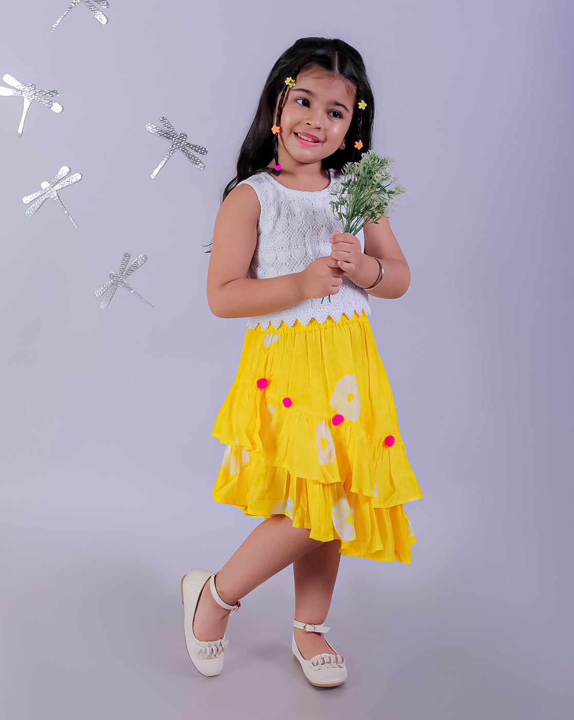 Shibori Print White Top with Yellow Skirt Set For Girls