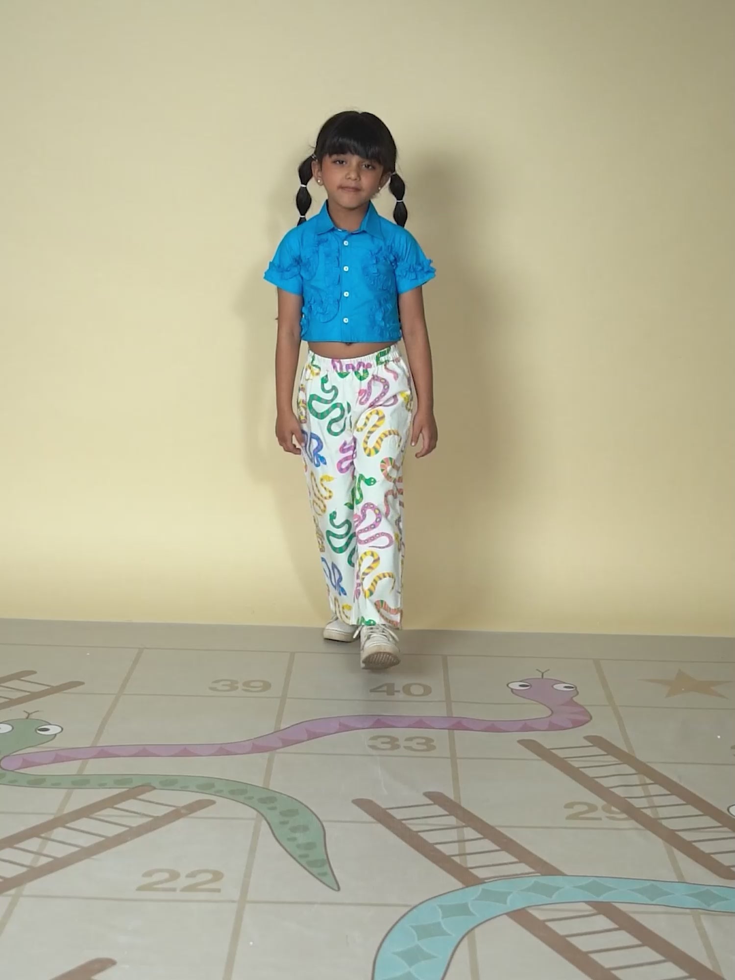 Board game inspired Girls Blue Shirt and Multi Color Snake Print Pant Set