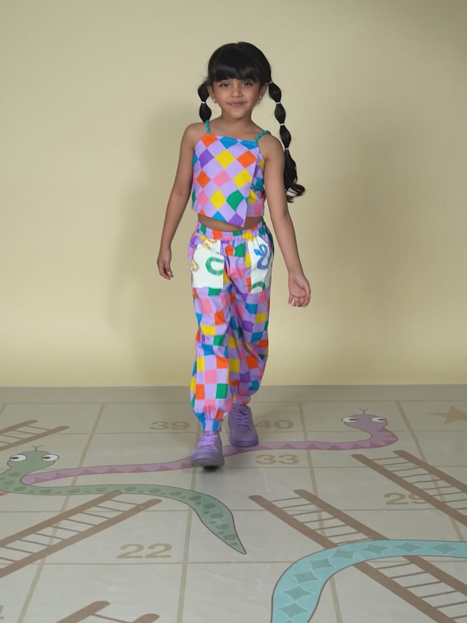 Board game inspired Girls Multi Color Rotary Print Top and Pant Set