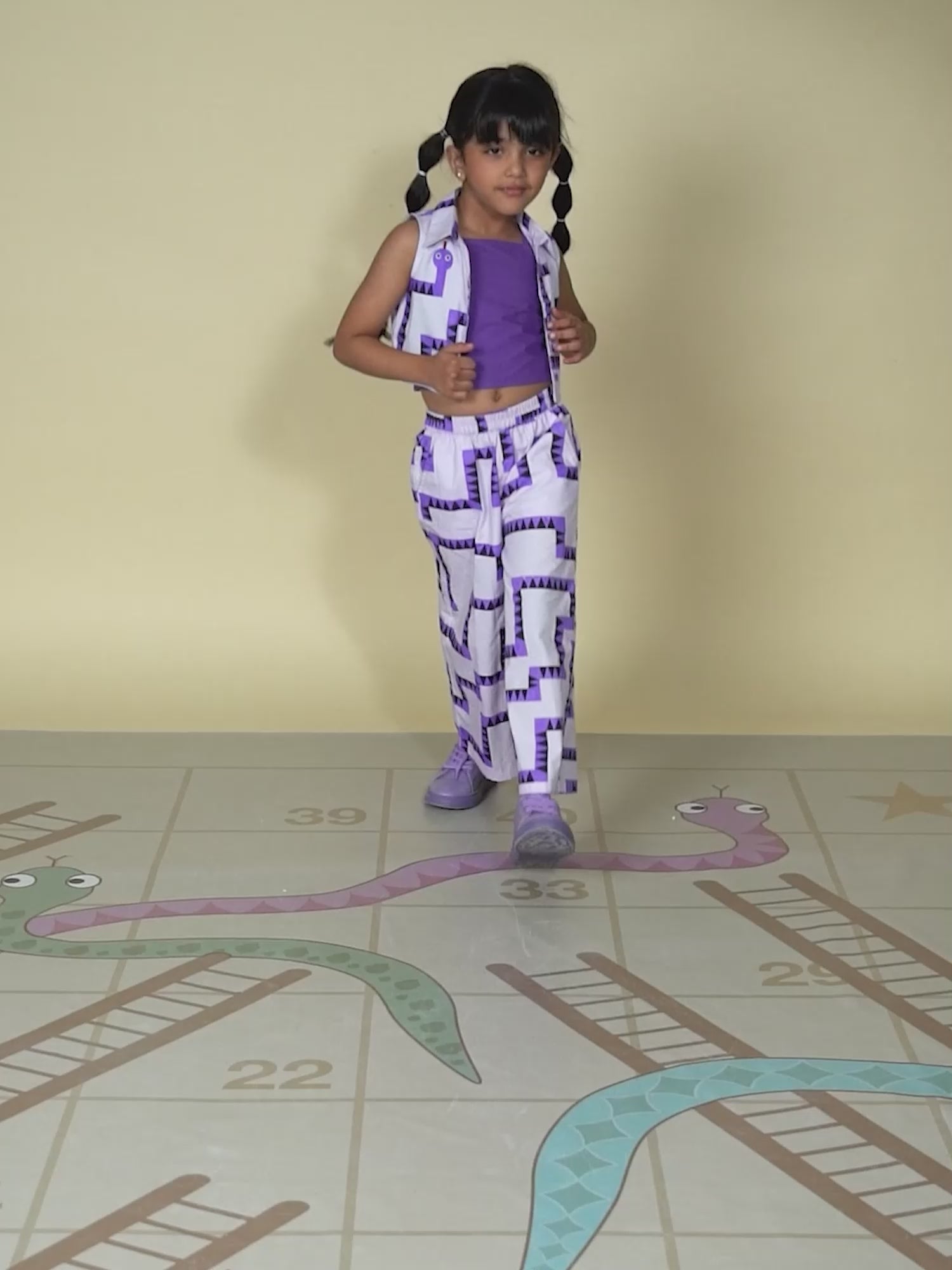 Board game inspired Girls Purple Table Print Top-Bustier and Pant Set