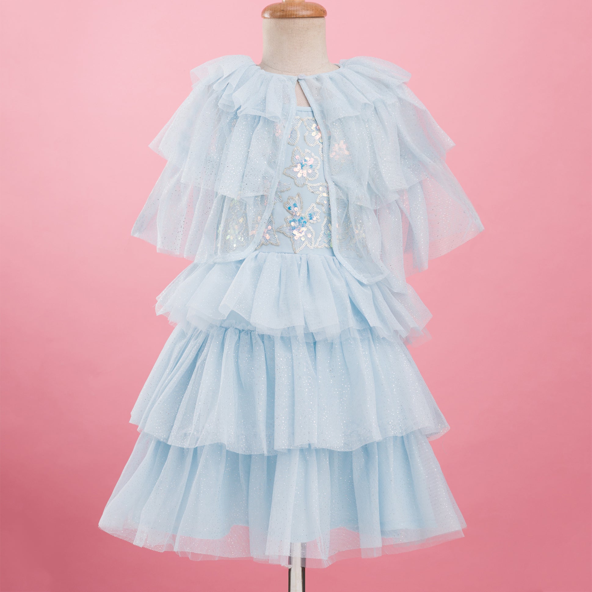 Razzle Dazzle Sky Blue Party Dress with Shrug for Girls