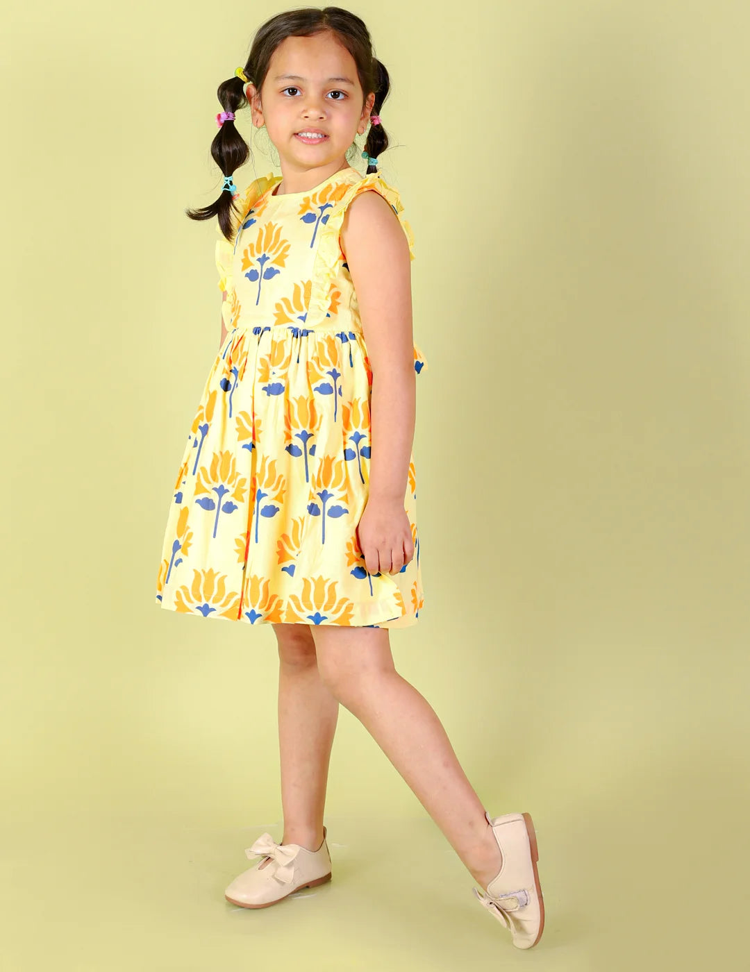 Girls floral print dress with Hakoba Lace Trim