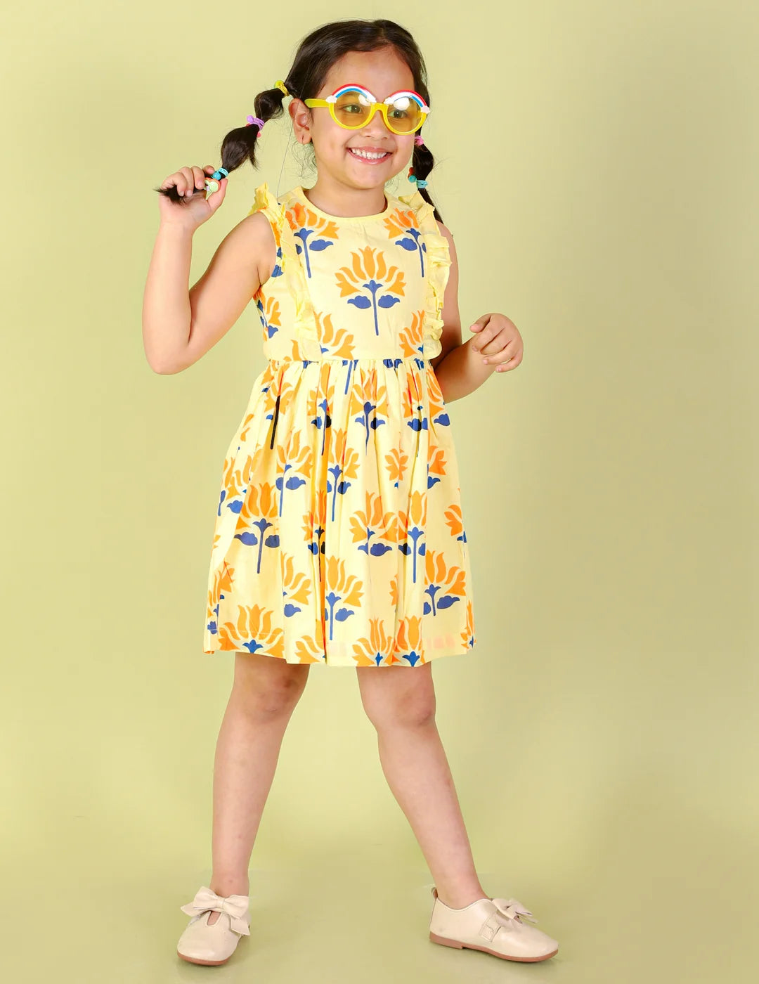 Girls floral print dress with Hakoba Lace Trim