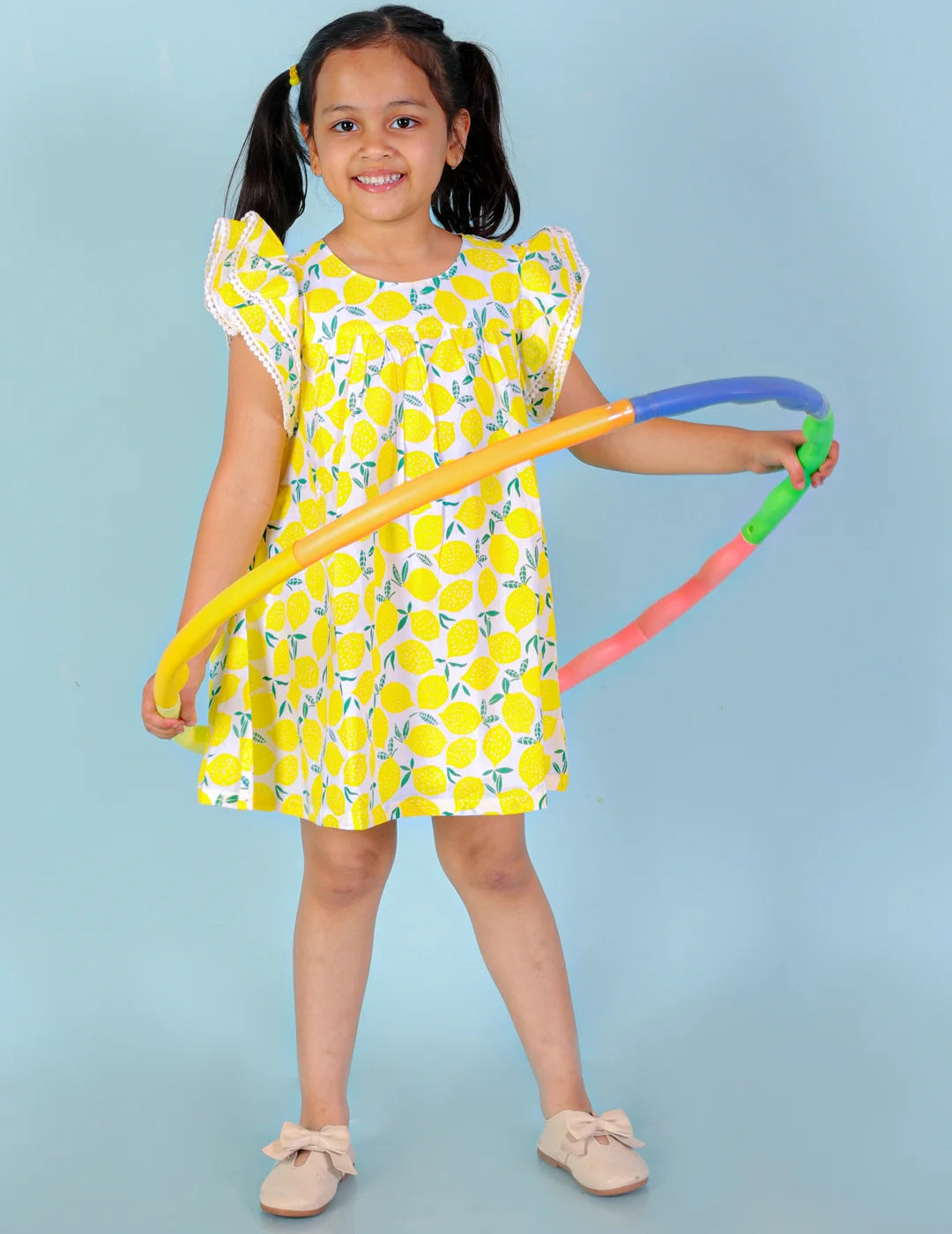 Girls Lemon Print Dress with Lace on flutter sleeve