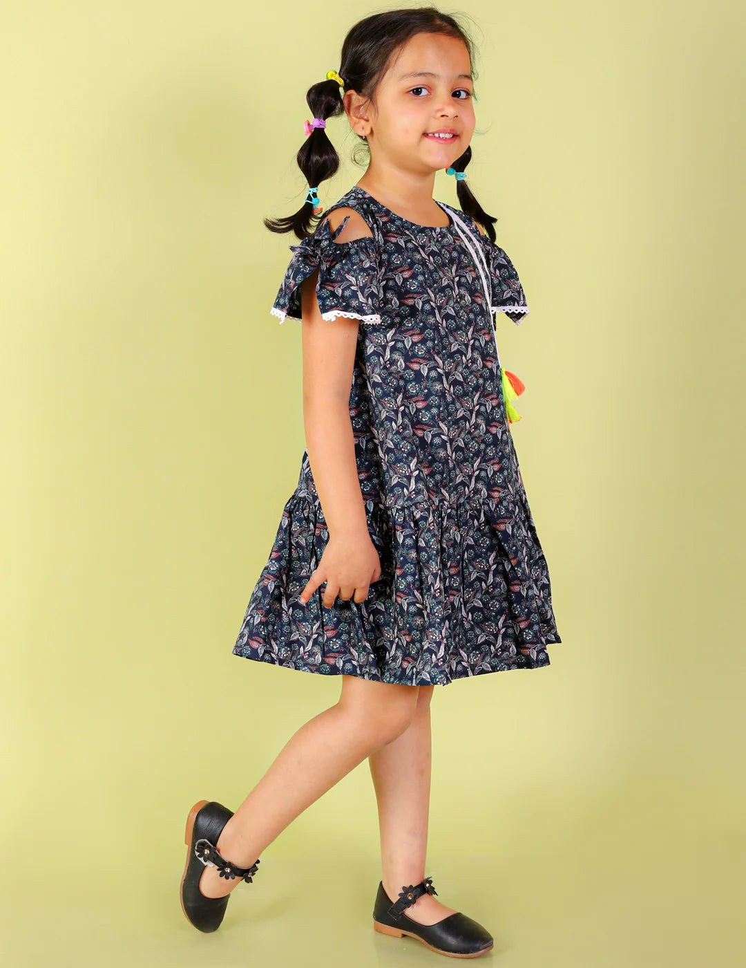 Girls printed casual cotton dress with lace work and tassles