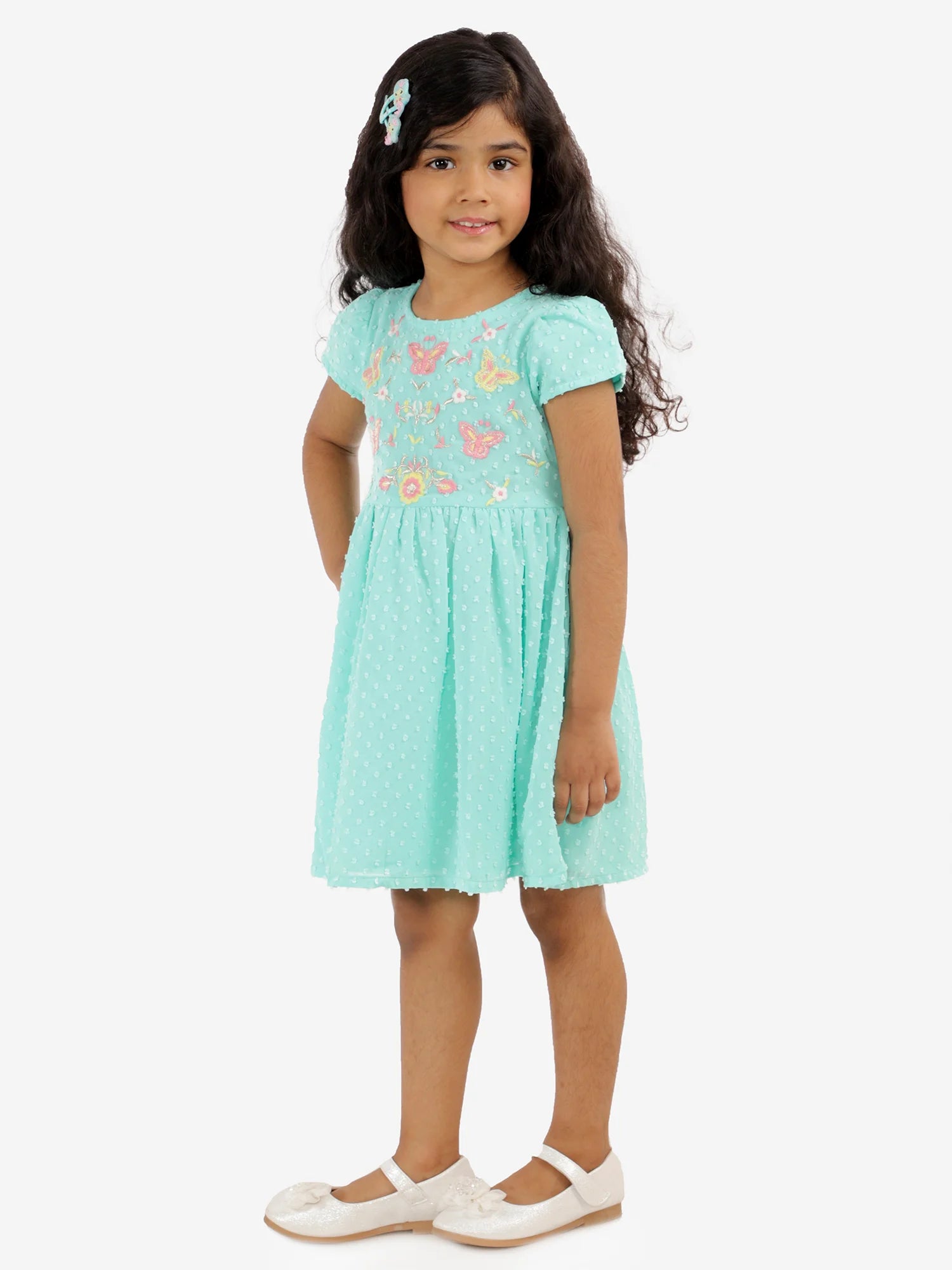 Girls georgette dobby dress with multicolor embroidery