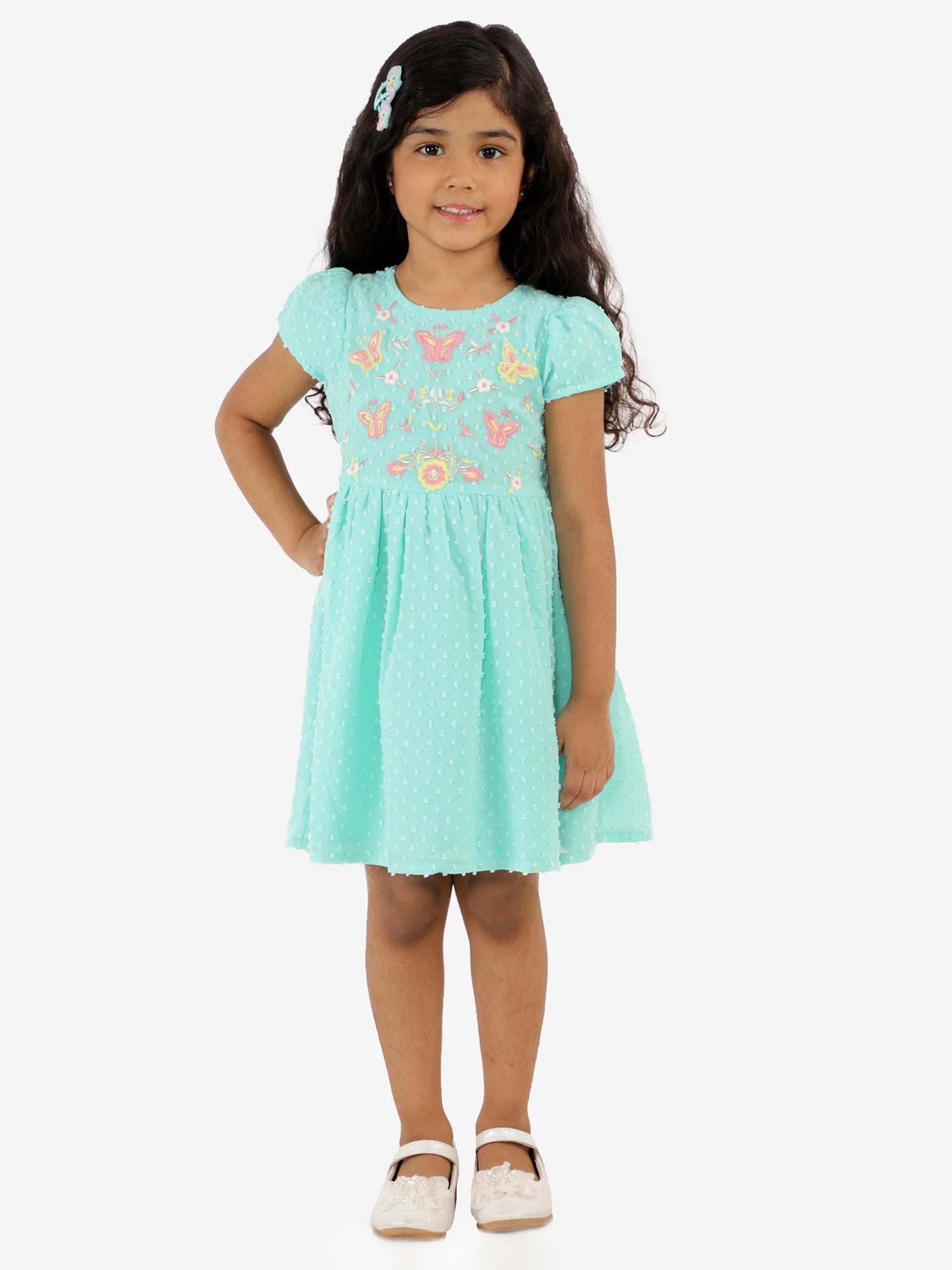 Girls georgette dobby dress with multicolor embroidery
