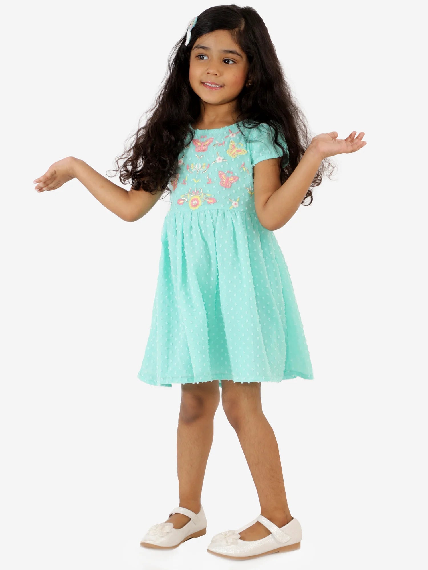 Girls georgette dobby dress with multicolor embroidery