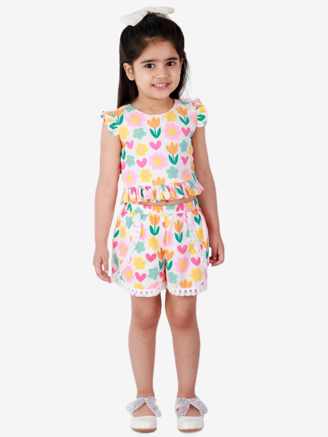 Girls printed cotton top with shorts set