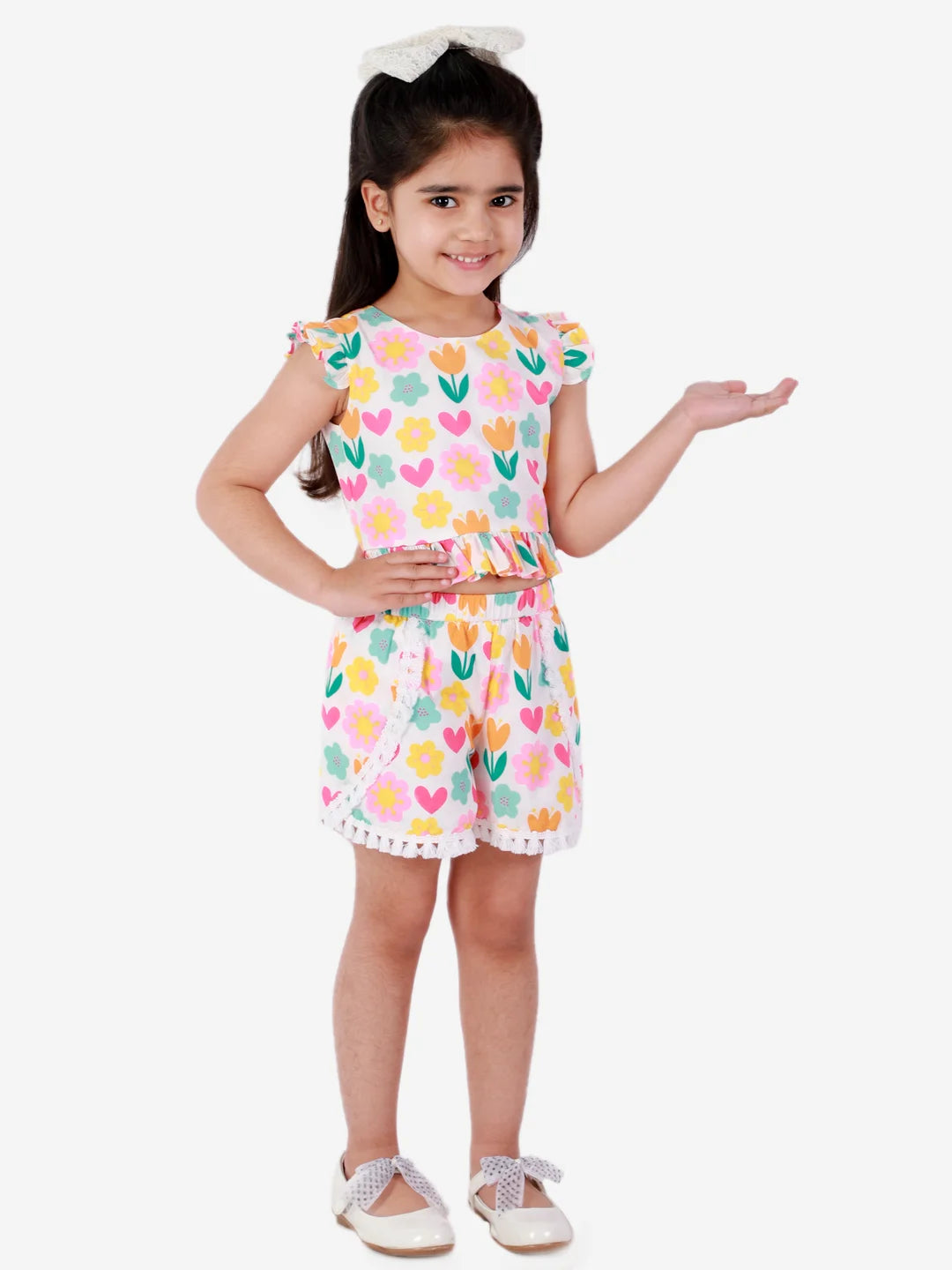 Girls printed cotton top with shorts set