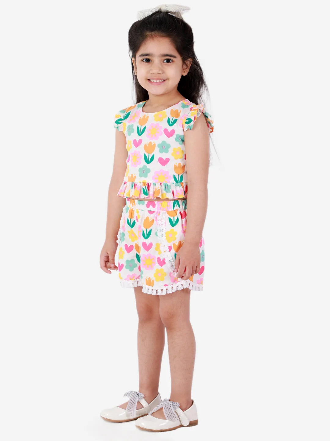 Girls printed cotton top with shorts set