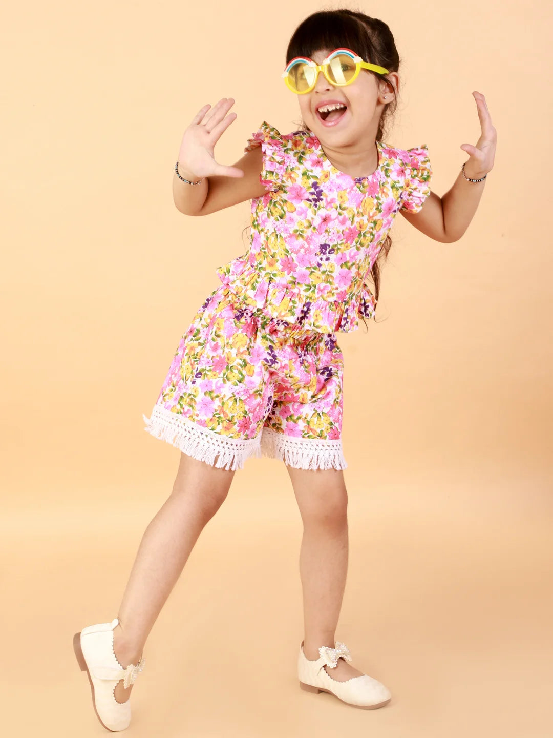 Girls printed cotton top with shorts set