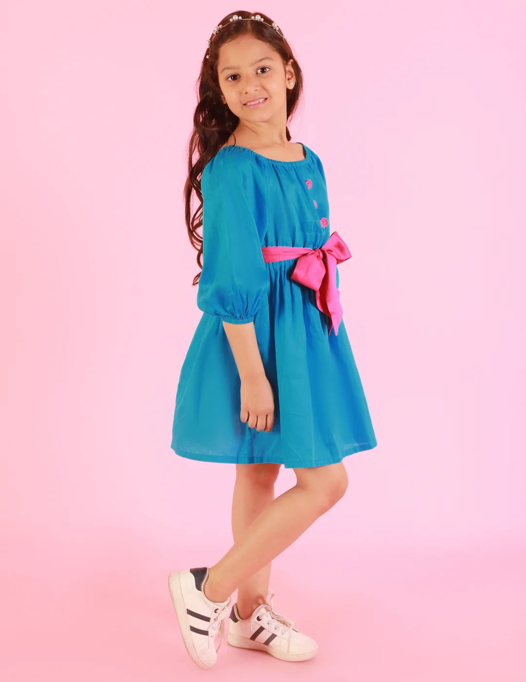 Girls Stylish and Trendy Cotton satin gathered three fourth sleeve dress