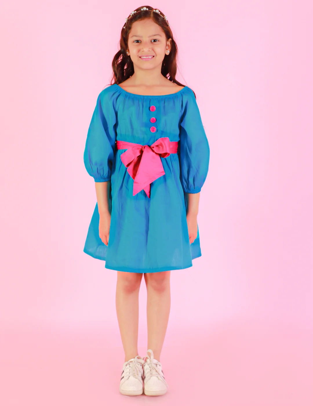 Girls Stylish and Trendy Cotton satin gathered three fourth sleeve dress