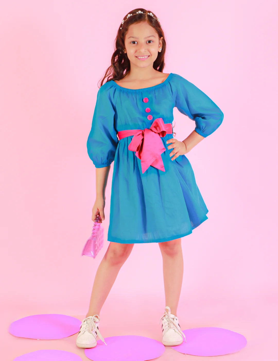 Girls Stylish and Trendy Cotton satin gathered three fourth sleeve dress
